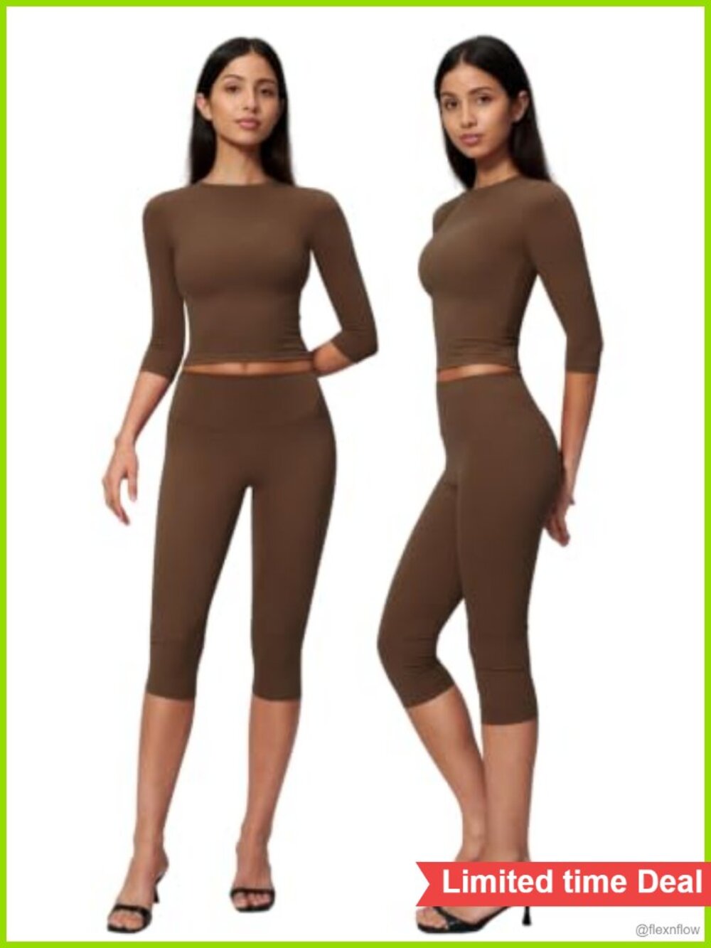 Women's 2 Piece Workout Set 3/4 Sleeve Tops High Waist Wide Leg Capri